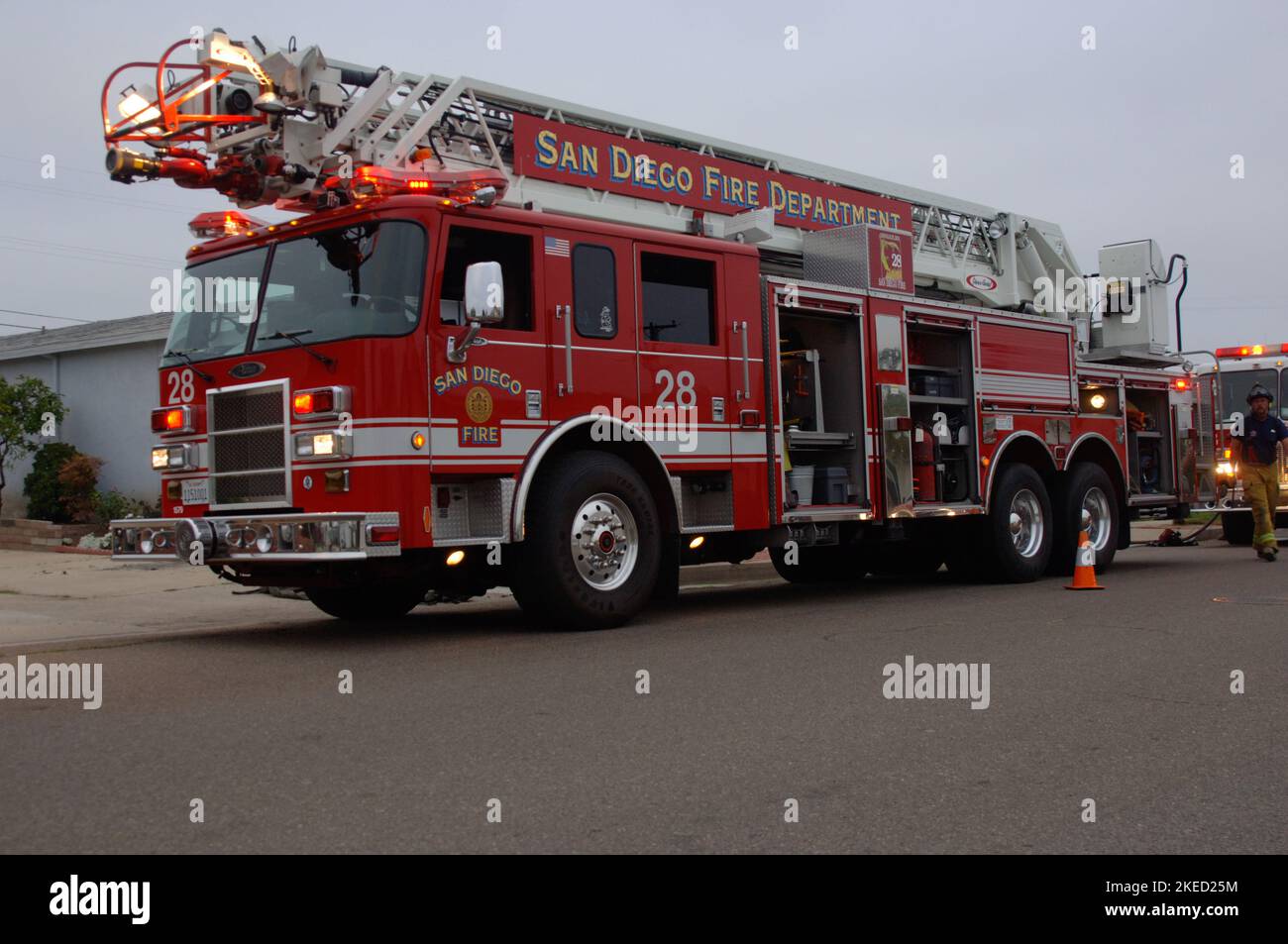 San Diego Fire-Rescue Truck 28 on scene of a structure fire in the Kearny Mesa section of San Diego. Stock Photo