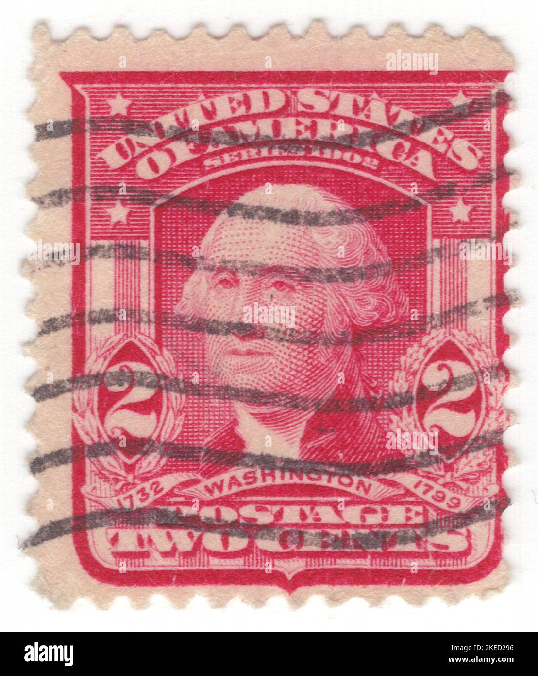 USA - 1903: An 2 cents carmine-rose postage stamp depicting portrait of George Washington. American military officer, statesman, and Founding Father who served as the first president of the United States from 1789 to 1797. Appointed by the Continental Congress as commander of the Continental Army, Washington led the Patriot forces to victory in the American Revolutionary War and served as the president of the Constitutional Convention of 1787, which created the Constitution of the United States and the American federal government. Washington has been called the 'Father of his Country' Stock Photo