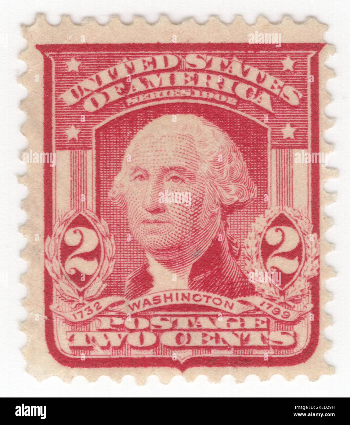 USA - 1903: An 2 cents lake postage stamp depicting portrait of George Washington. American military officer, statesman, and Founding Father who served as the first president of the United States from 1789 to 1797. Appointed by the Continental Congress as commander of the Continental Army, Washington led the Patriot forces to victory in the American Revolutionary War and served as the president of the Constitutional Convention of 1787, which created the Constitution of the United States and the American federal government. Washington has been called the 'Father of his Country' Stock Photo