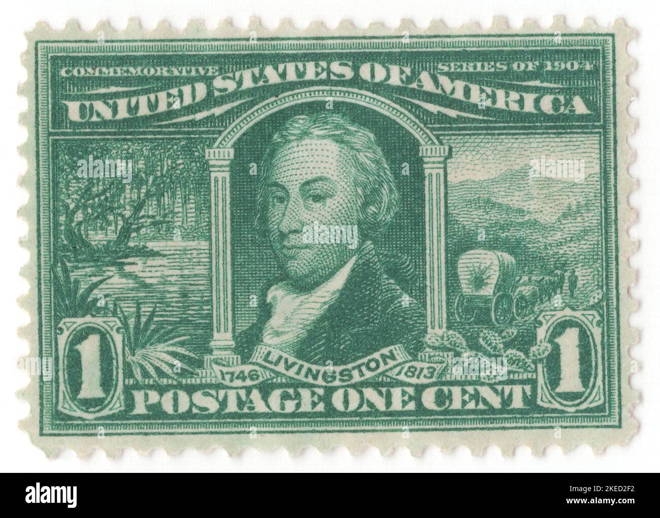 USA - 1904 April 30: An 1 cent green postage stamp depicting portrait Robert Lucian Livingston. Louisiana Purchase Exposition. American lawyer, politician, and diplomat from New York, as well as a Founding Father of the United States. He was known as 'The Chancellor', after the high New York state legal office he held for 25 years. He was a member of the Committee of Five that drafted the Declaration of Independence, along with Thomas Jefferson, Benjamin Franklin, John Adams, and Roger Sherman. Livingston administered the oath of office to George Washington Stock Photo