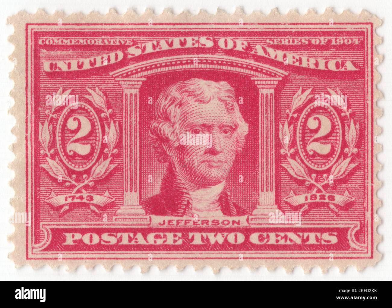 USA - 1904: An 2 cents carmine postage stamp depicting portrait of Thomas Jefferson, American statesman, diplomat, lawyer, architect, philosopher, and Founding Father who served as the third president of the United States from 1801 to 1809. Louisiana Purchase Exposition. He was previously the second vice president under John Adams and the first United States secretary of state under George Washington. The principal author of the Declaration of Independence, Jefferson was a proponent of democracy, republicanism, and individual rights, motivating American colonists to break from the Britain Stock Photo