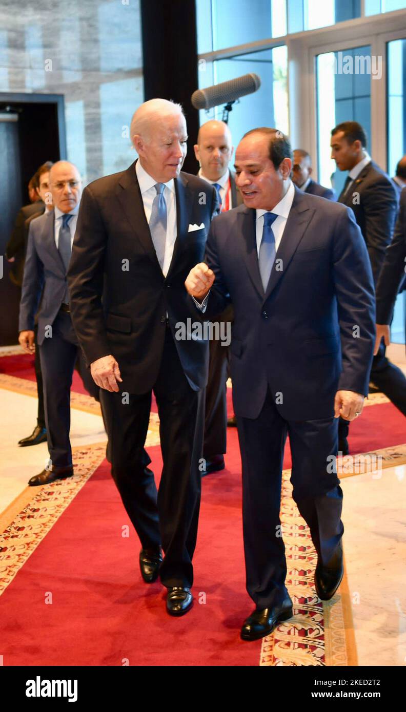 Sharm El Sheikh, Egypt. 11th Nov, 2022. Egyptian President Abdel Fattah el-Sisi welcomes US President Joe Biden upon his arrival to attend the 2022 United Nations Climate Change Conference, more commonly known as COP27, at the Sharm El Sheikh International Convention Centre, in Egypt's Red Sea resort of Sharm El Sheikh, Egypt on Friday on November 11, 2022 . Photo by Egyptian President Press Office/UPI Credit: UPI/Alamy Live News Stock Photo