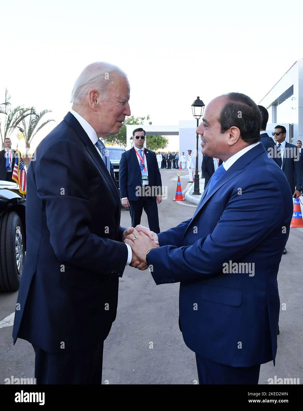 Sharm El Sheikh, Egypt. 11th Nov, 2022. Egyptian President Abdel Fattah el-Sisi welcomes US President Joe Biden upon his arrival to attend the 2022 United Nations Climate Change Conference, more commonly known as COP27, at the Sharm El Sheikh International Convention Centre, in Egypt's Red Sea resort of Sharm El Sheikh, Egypt on Friday on November 11, 2022 . Photo by Egyptian President Press Office/UPI Credit: UPI/Alamy Live News Stock Photo