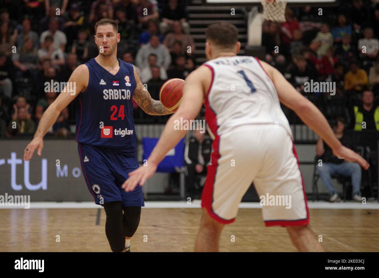 Newcastle upon Tyne, England, 11 November 2022. Stefan Jovic playing for Serbia against Great Britain in the FIBA Basketball World Cup 2023 Qualifiers at the Vertu Motors Arena. Credit: Colin Edwards/Alamy Live News Stock Photo