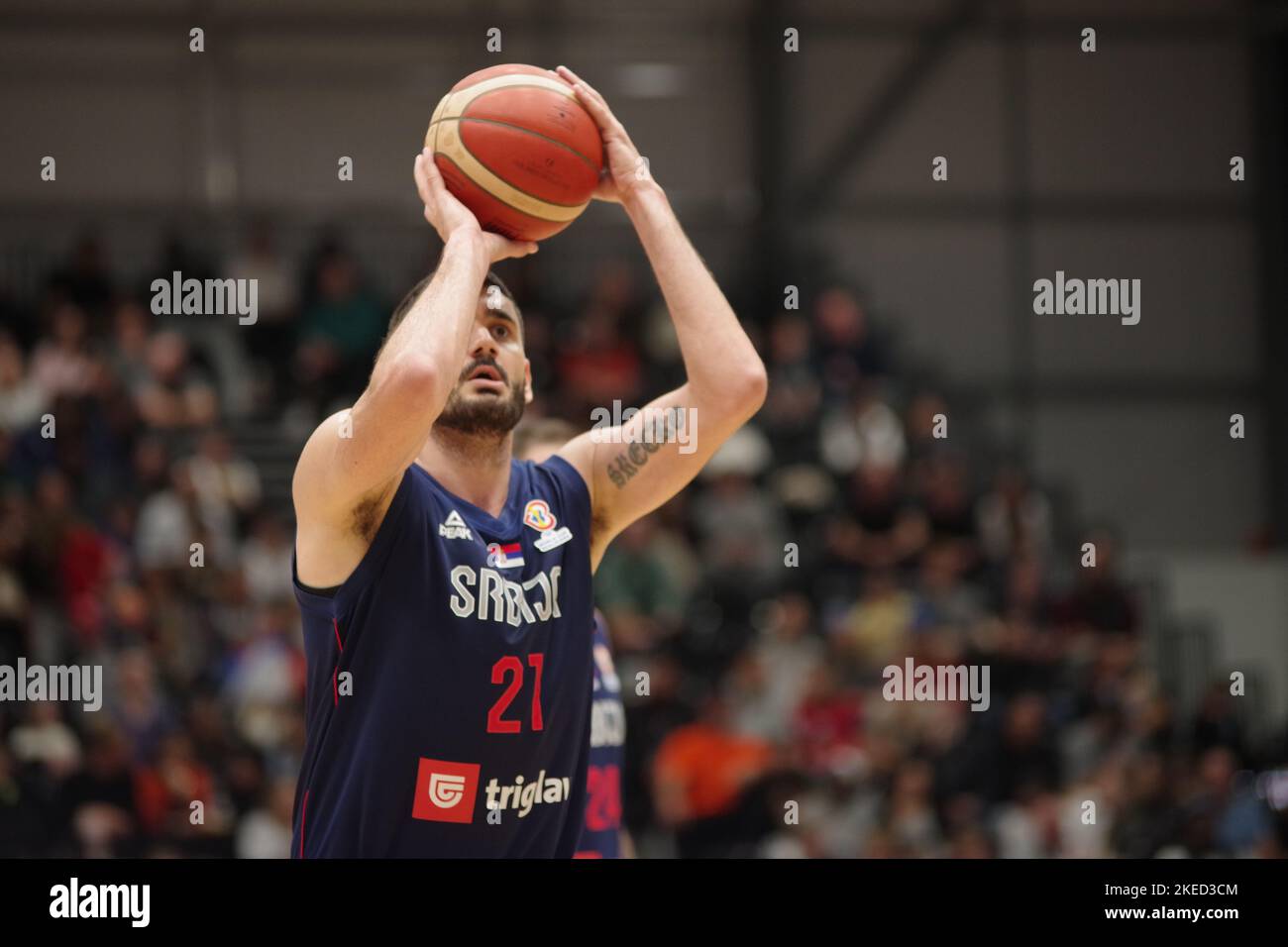 Newcastle upon Tyne, England, 11 November 2022. Marko Jagodic-Kuridza playing for Serbia against Great Britain in the FIBA Basketball World Cup 2023 Qualifiers at the Vertu Motors Arena. Credit: Colin Edwards/Alamy Live News Stock Photo
