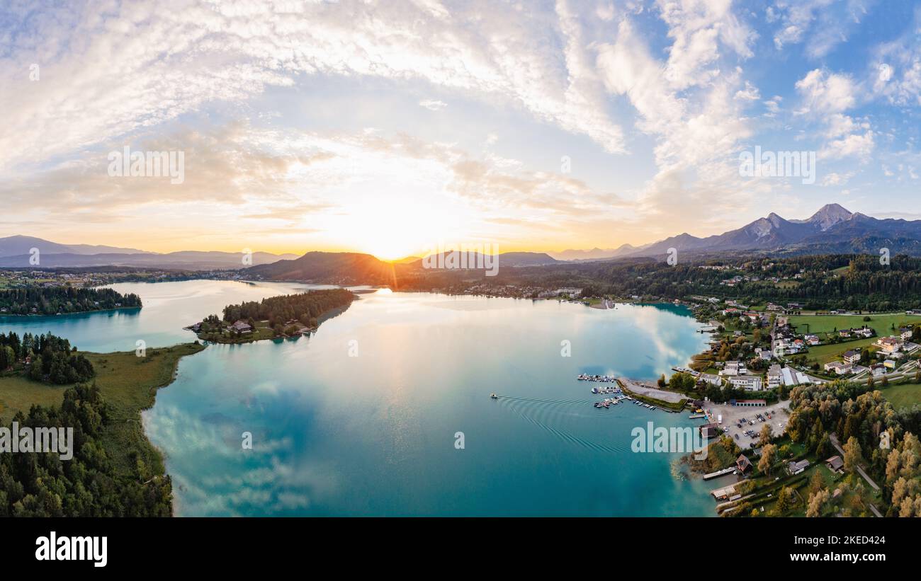Lake Faaker See Panorama. Aerial view to the famous touristic destination in Carinthia, Austria during sunrise Stock Photo