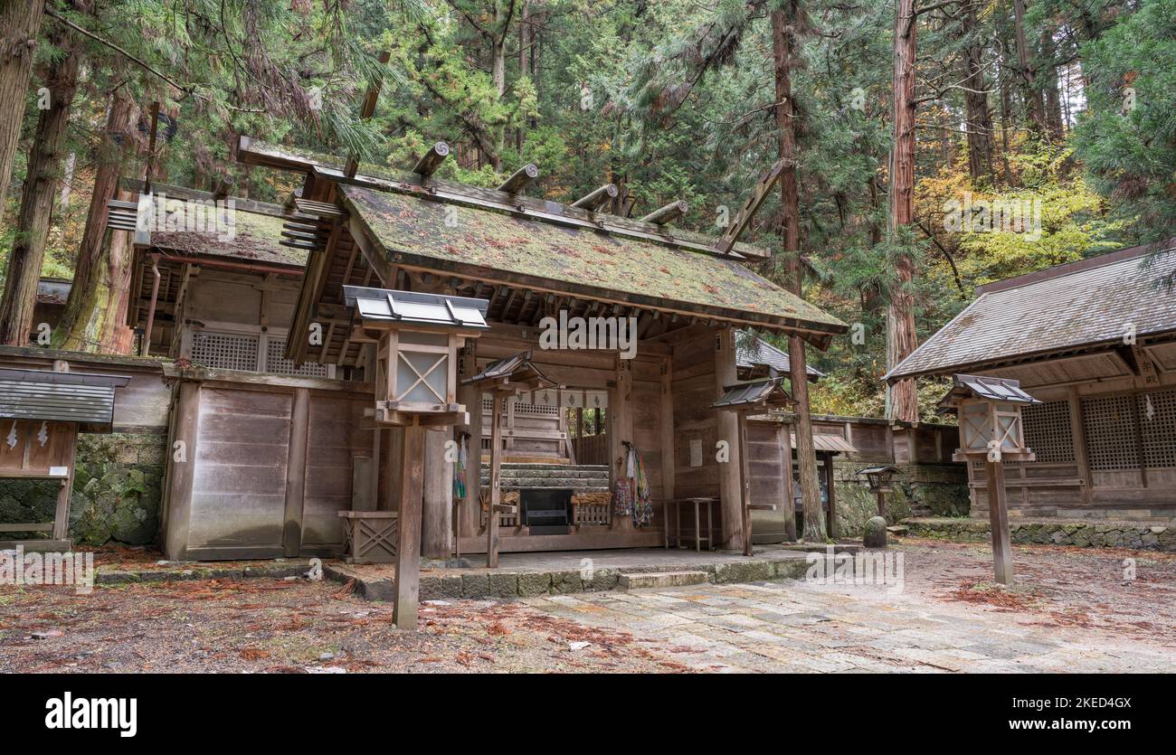 Nishina Shinmei, an ancient Shinto shrine listed as a National Tresure in Omachi, Nagano Prefecture, Japan. Stock Photo