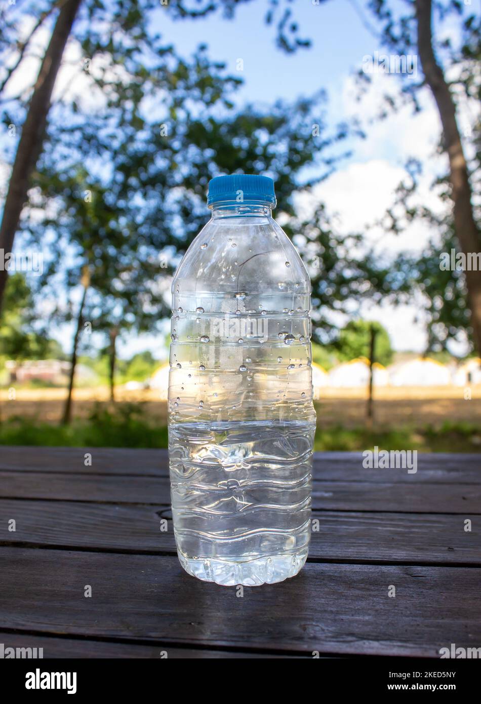 Cold Natural Spring Water with drops in small plastic bottles on white  marble table Stock Photo - Alamy