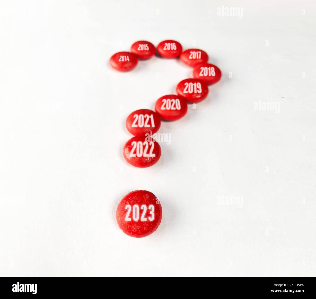 2023 new year concept with red question mark. 10 years of question marks from 2014 to 2023. Stock Photo