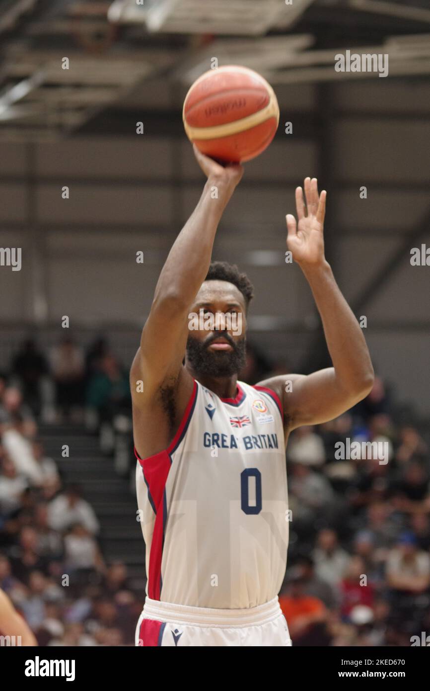 Newcastle upon Tyne, England, 11 November 2022. Gabriel Olaseni playing for Great Britain against Serbia in the FIBA Basketball World Cup 2023 Qualifiers at the Vertu Motors Arena. Credit: Colin Edwards/Alamy Live News Stock Photo