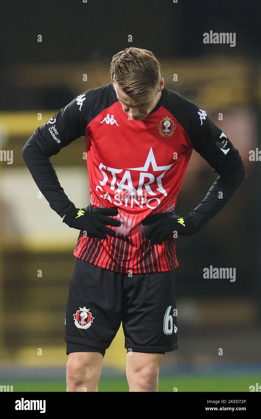 Seraing's Mathieu Cachbach looks dejected during a soccer match between