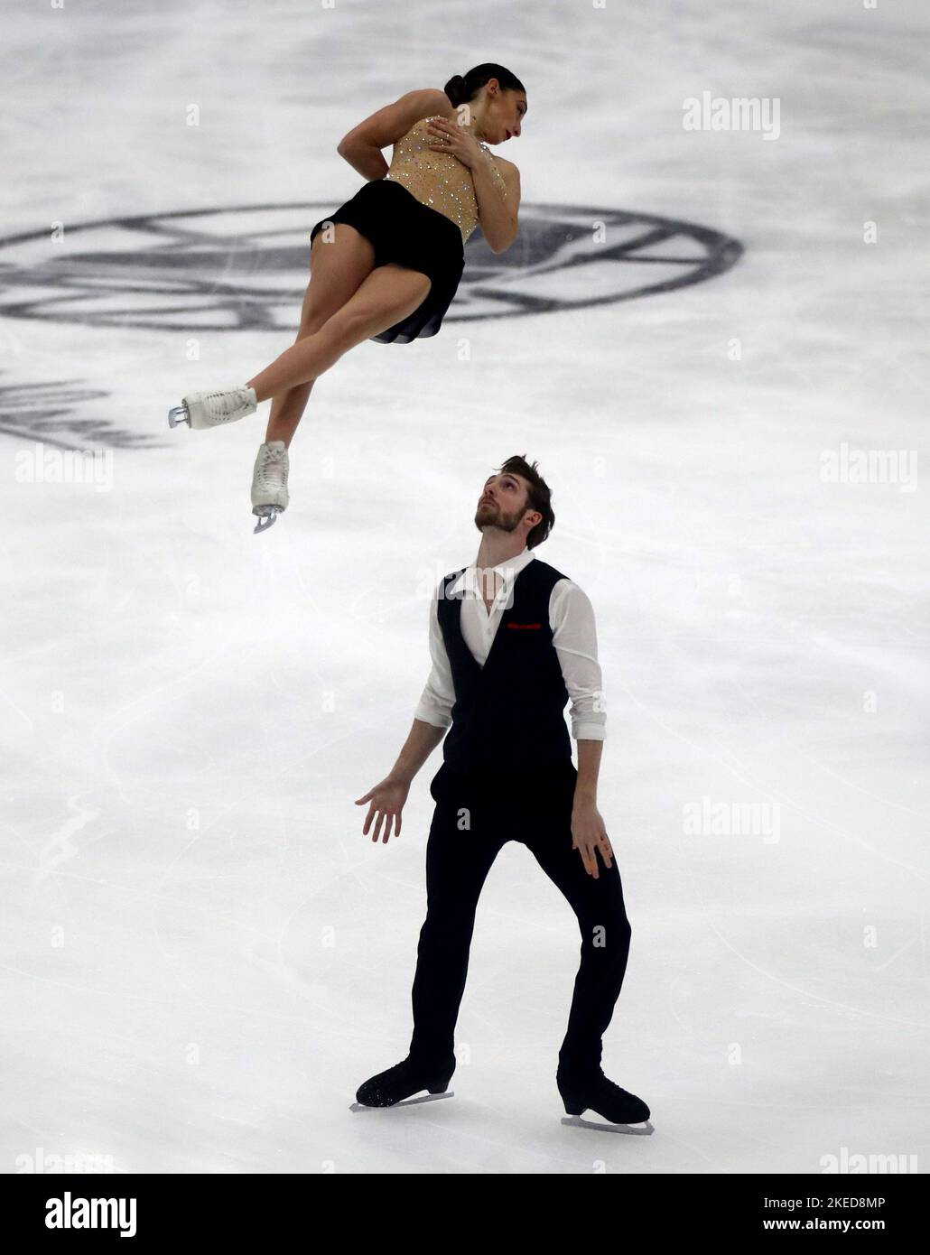 Italy's Sara Conti and Niccolo Macii during the pairs short program