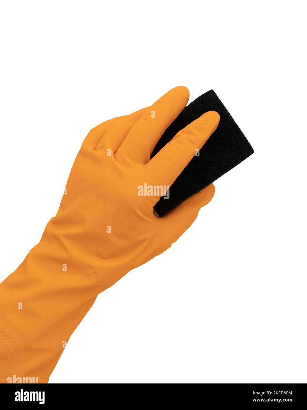 sponge for washing dishes in hand, hand in orange latex glove holding
