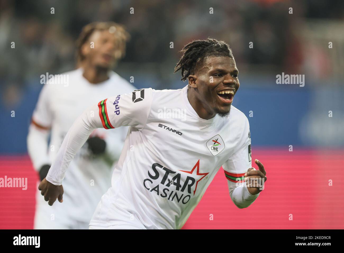 OHL's Nachon Nsingi celebrates after scoring during a soccer match