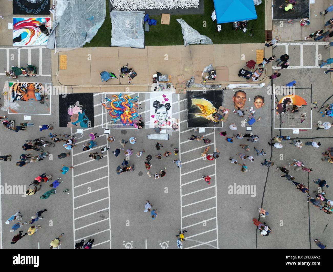 An aerial view of chalk art in the street Stock Photo