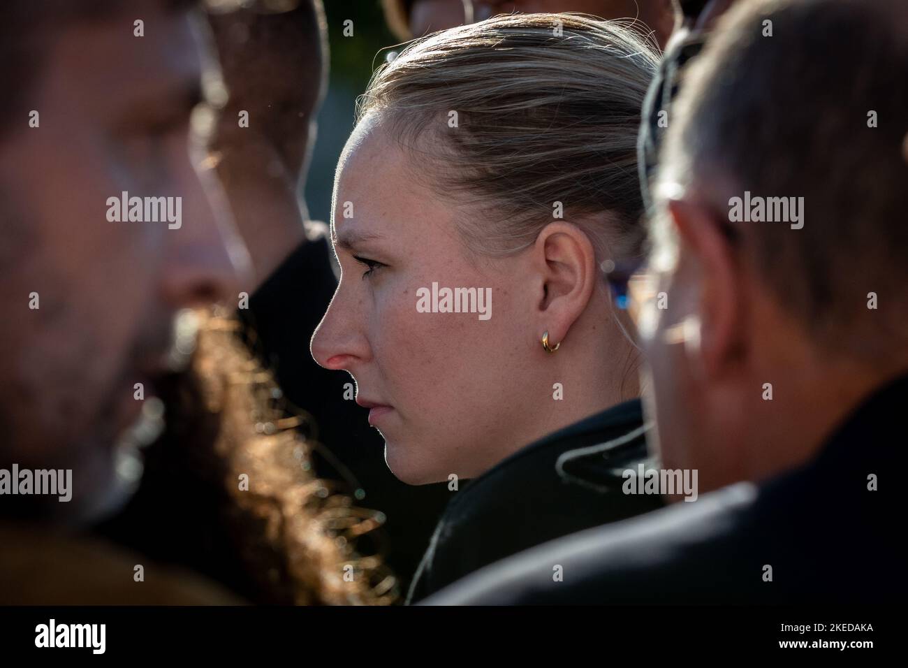 Toulon, France. 11th Nov 2022. Toulon, France. 11th Nov, 2022. Marion Marechal Le Pen seen during a press conference. The 'Reconquete!' party of the extreme right-wing polemicist, Eric Zemmour organized a protest action against the reception of refugees by France. The Ocean Viking arrived in Toulon with 230 migrants on board on 11 November 2022. This is the first time that a SOS Mediterranée ship has landed migrants in France. Credit: SOPA Images Limited/Alamy Live News Stock Photo