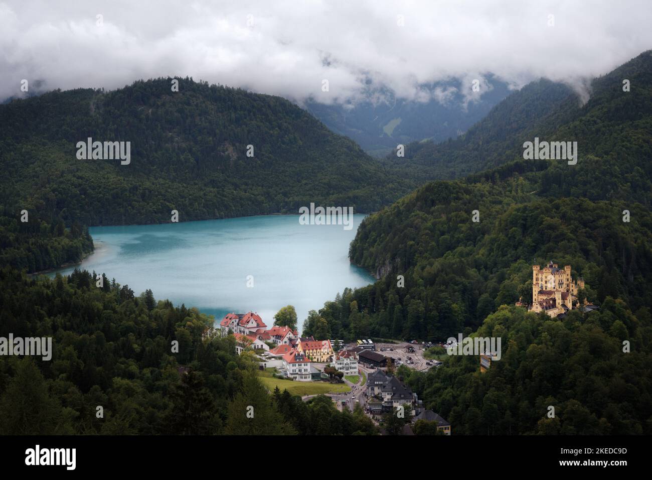 Castle of Hohenschwangau in Fussen, stunning neo gothic palace of the XIX century and famous landmark of Bavaria, Germany. View with Alpsee lake Stock Photo