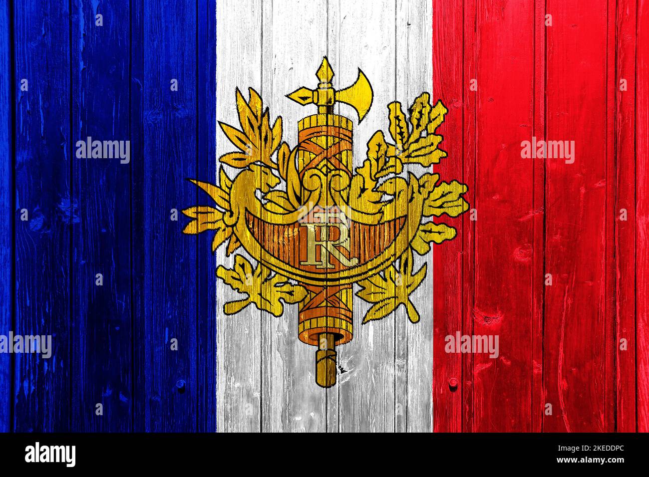 Flag and coat of arms of France on a textured background. Concept