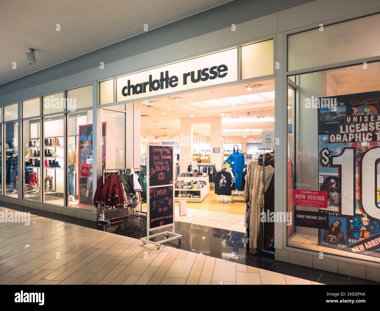 New Hartford, New York - Oct 24, 2022: Landscape Closeup View of Charlotte Russe Storefront inside Sangertown Mall. Charlotte Russe is an American Clo Stock Photo