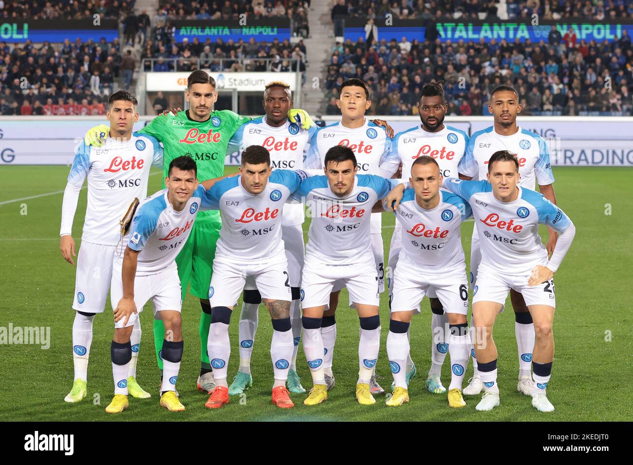 Bergamo, Italy, 5th November 2022. The SSC Napoli starting eleven line up for a team photo prior to kick off, back row ( L to R ); Mathias Olivera, Alex Meret, Victor Osimhen, Min-Jae Kim, Andre Anguissa and Juan Jesus, front row ( L to R ); Hirving Lozano, Giovanni Di Lorenzo, Eljif Elmas, Stanislav Lobotka and Piotr Zielinski, in the Serie A match at Gewiss Stadium, Bergamo. Picture credit should read: Jonathan Moscrop / Sportimage Stock Photo