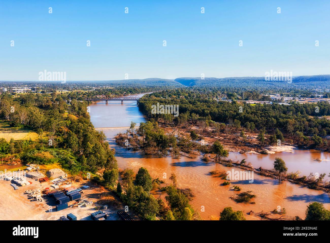 Nepean river in Western Sydney near Blue Mountains - Victoria bridge and Yandhai Nepean crossing in aerial landscape. Stock Photo