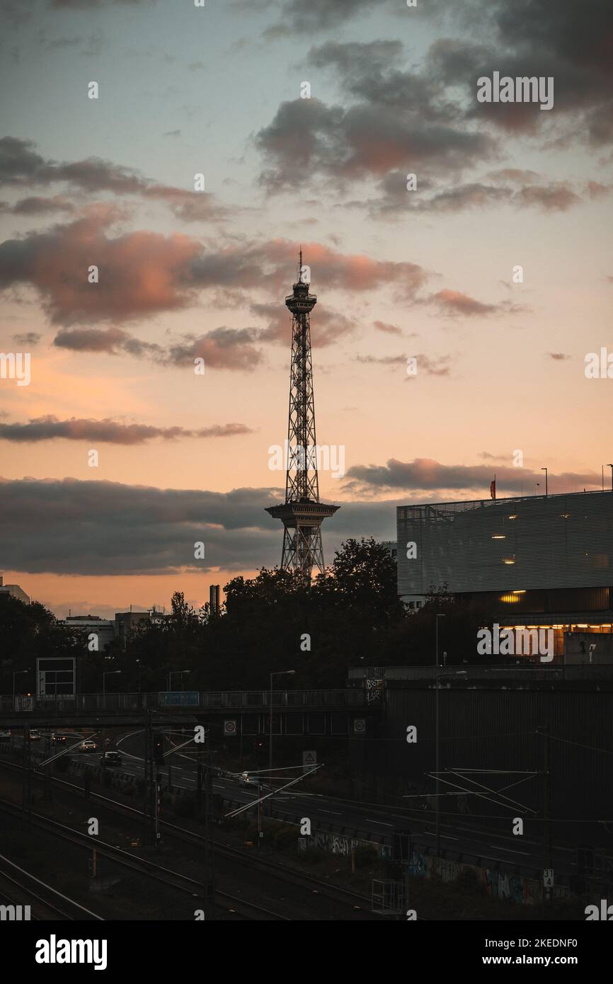A vertical shot of Funkturm in Berlin, Germany at sunset Stock Photo