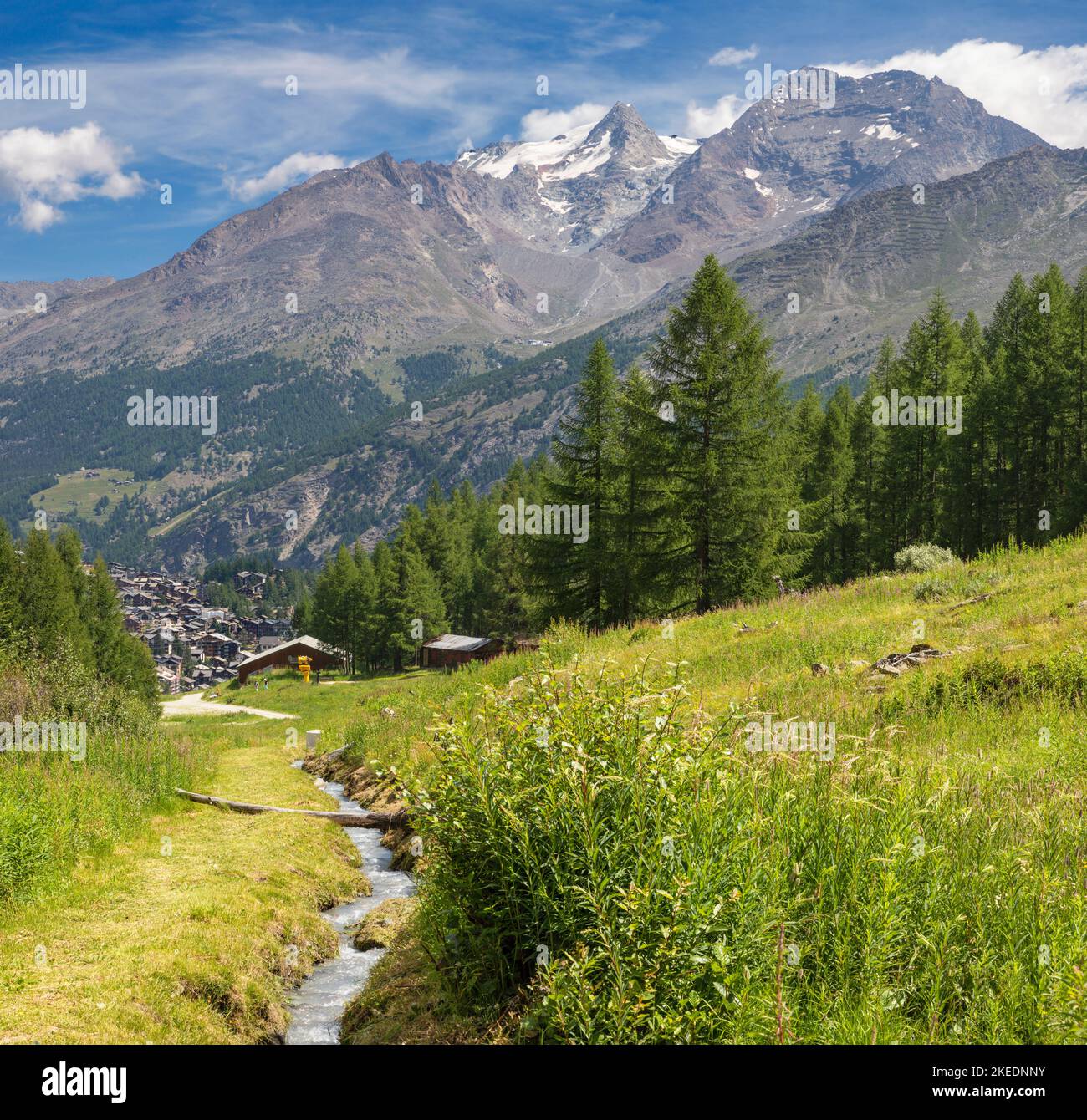 The peaks Lagginhron and Weissmies over the Sas Fee - Schwitzerland. Stock Photo