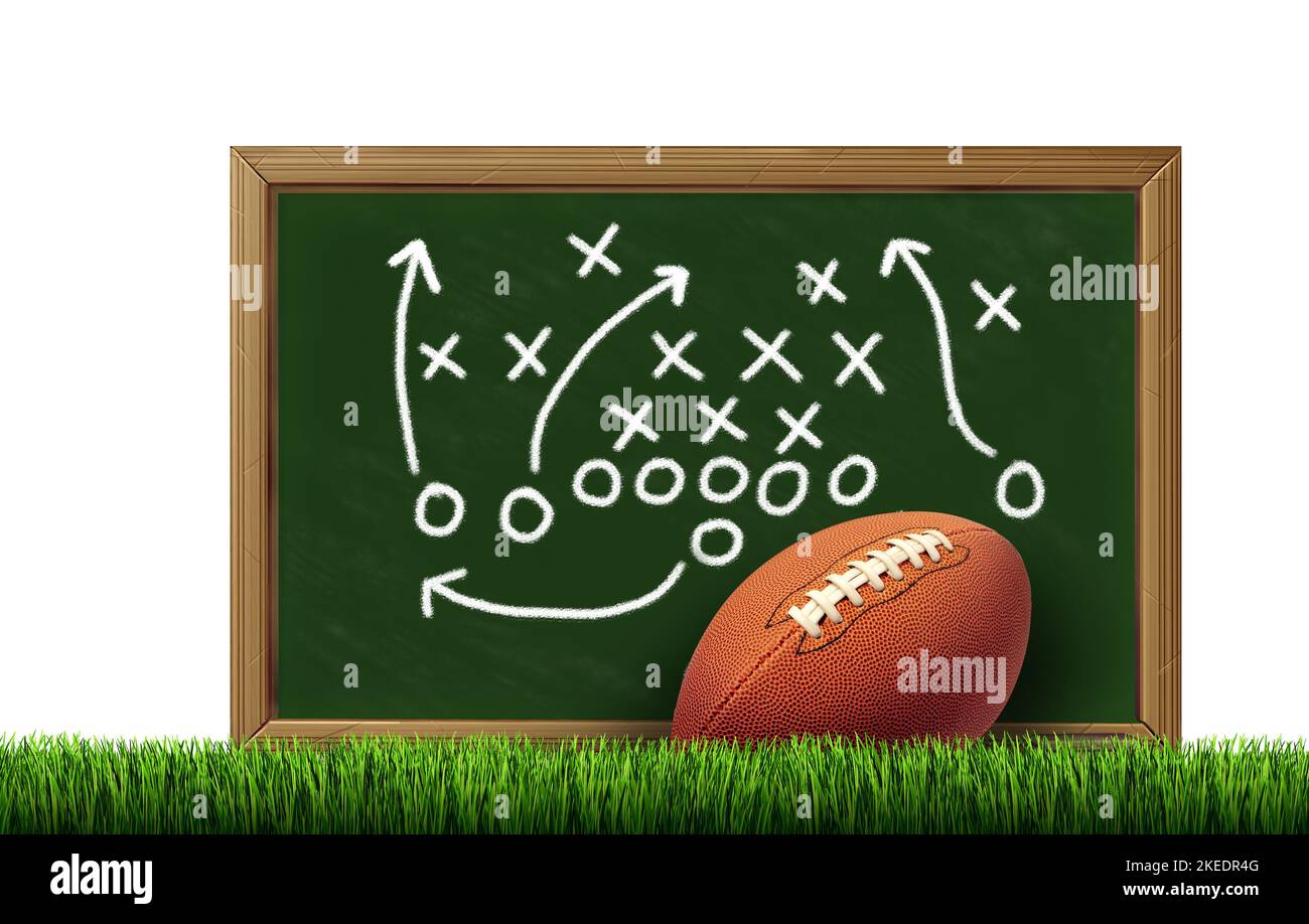 Football Game strategy as a sports plan with a strategic plan chalkboard on a playing field with 3D illustration elements. Stock Photo