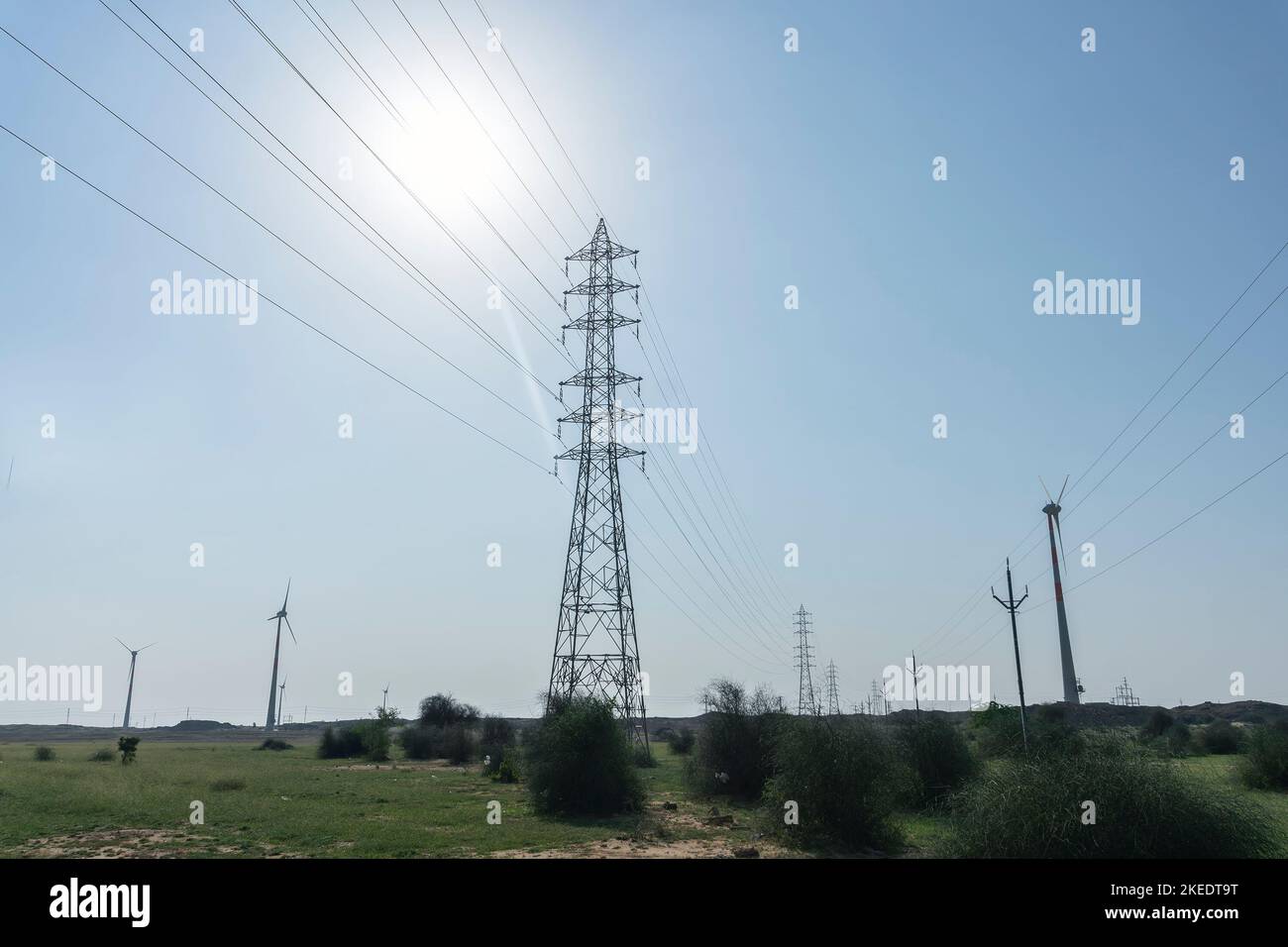 High voltage electricity transmission lines at Thar desert, Rajasthan