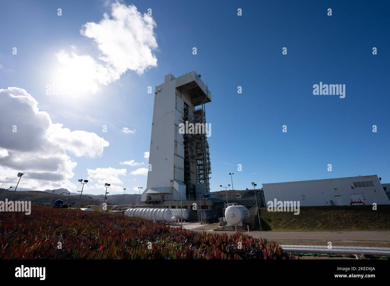 Nov 10, 2022; Lompoc, CA, USA;  A general view of the Mobile Service Tower (MST) housing the United Launch Alliance (ULA) Atlas V rocket.  The rocket Stock Photo