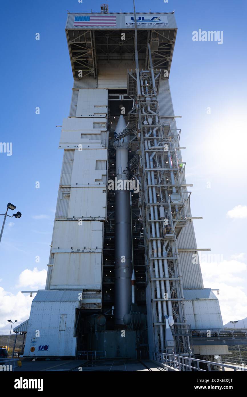 Nov 10, 2022; Lompoc, CA, USA;  A general view of the Mobile Service Tower (MST) housing the United Launch Alliance (ULA) Atlas V rocket.  The rocket Stock Photo