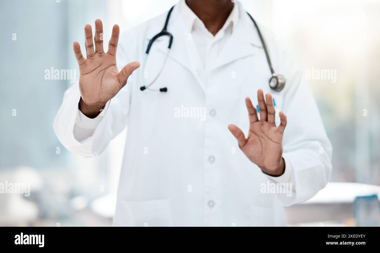 Doctor, healthcare and hands touch user interface, connection and digital transformation research, network and future innovation in hospital. Closeup Stock Photo