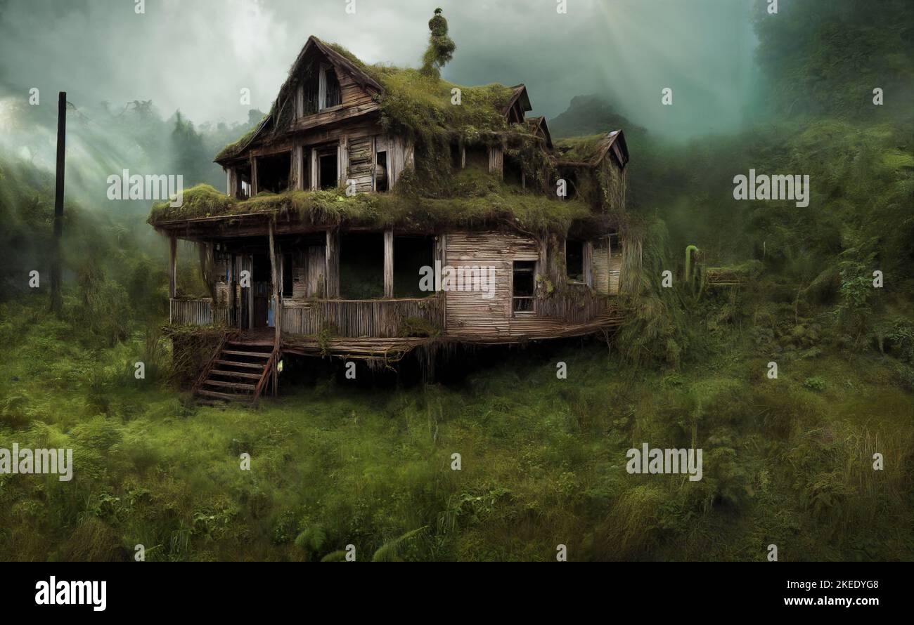 abandoned and overgrown house, building in post apocalyptic landscape