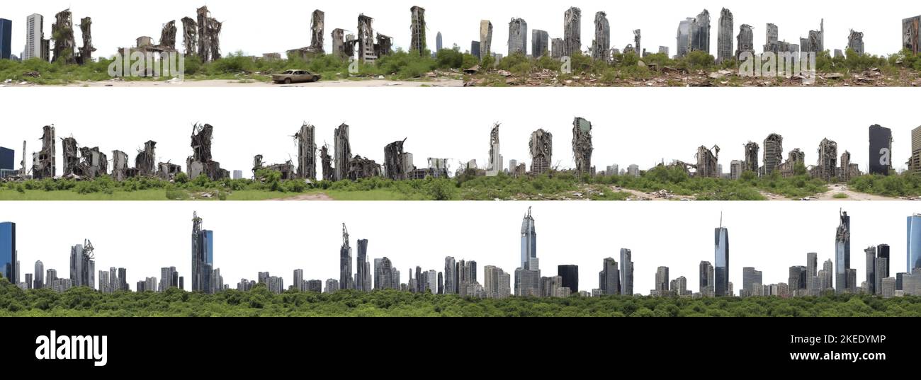 post-apocalyptic skyline, ruined skyscrapers, tall overgrown buildings isolated on white background Stock Photo