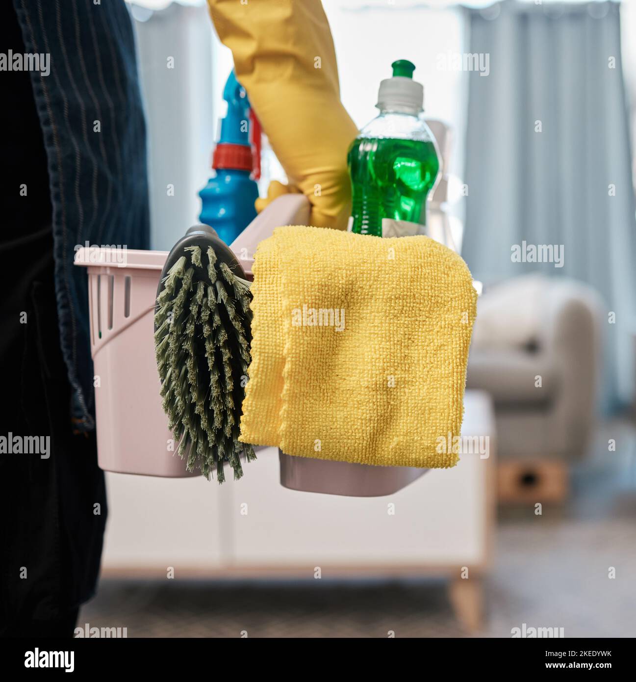 Cleaning product, chemical and basket with woman in living room to