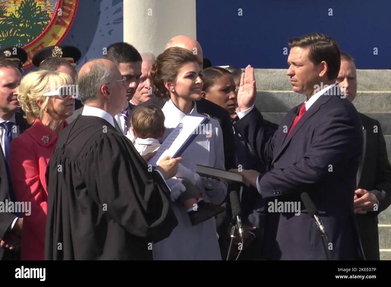 Florida Governor Ron DeSantis, accompanied by First Lady Casey DeSantis, is sworn in as Florida' 46th Governor on January 8, 2019, in Tallahassee, Florida. (USA) Stock Photo