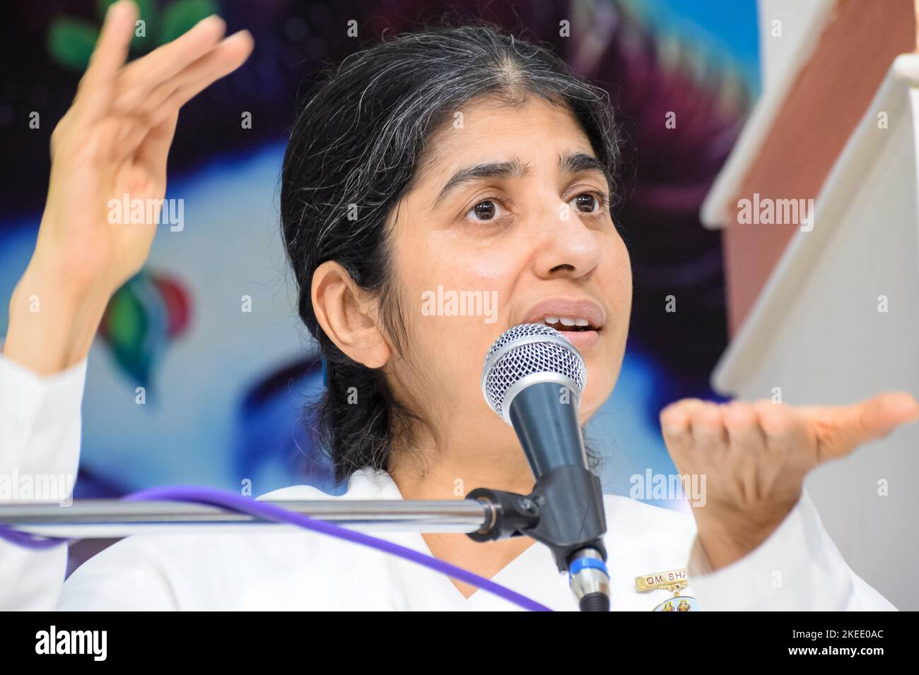 New Delhi, India, October 16 2022 BK Shivani during meditation