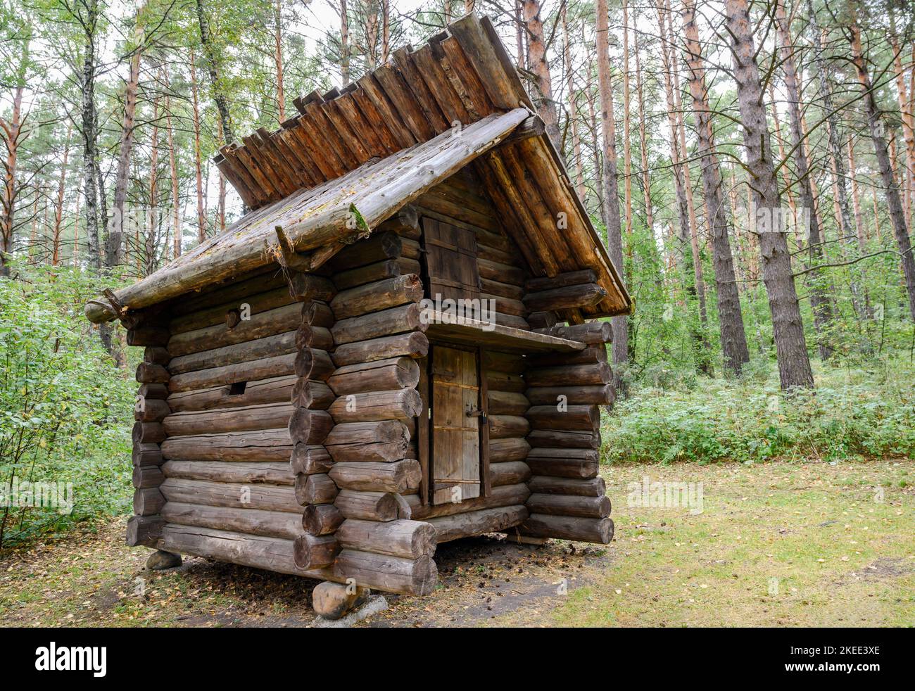 Wooden storeroom hut for hunting prey in a Siberian village Stock Photo