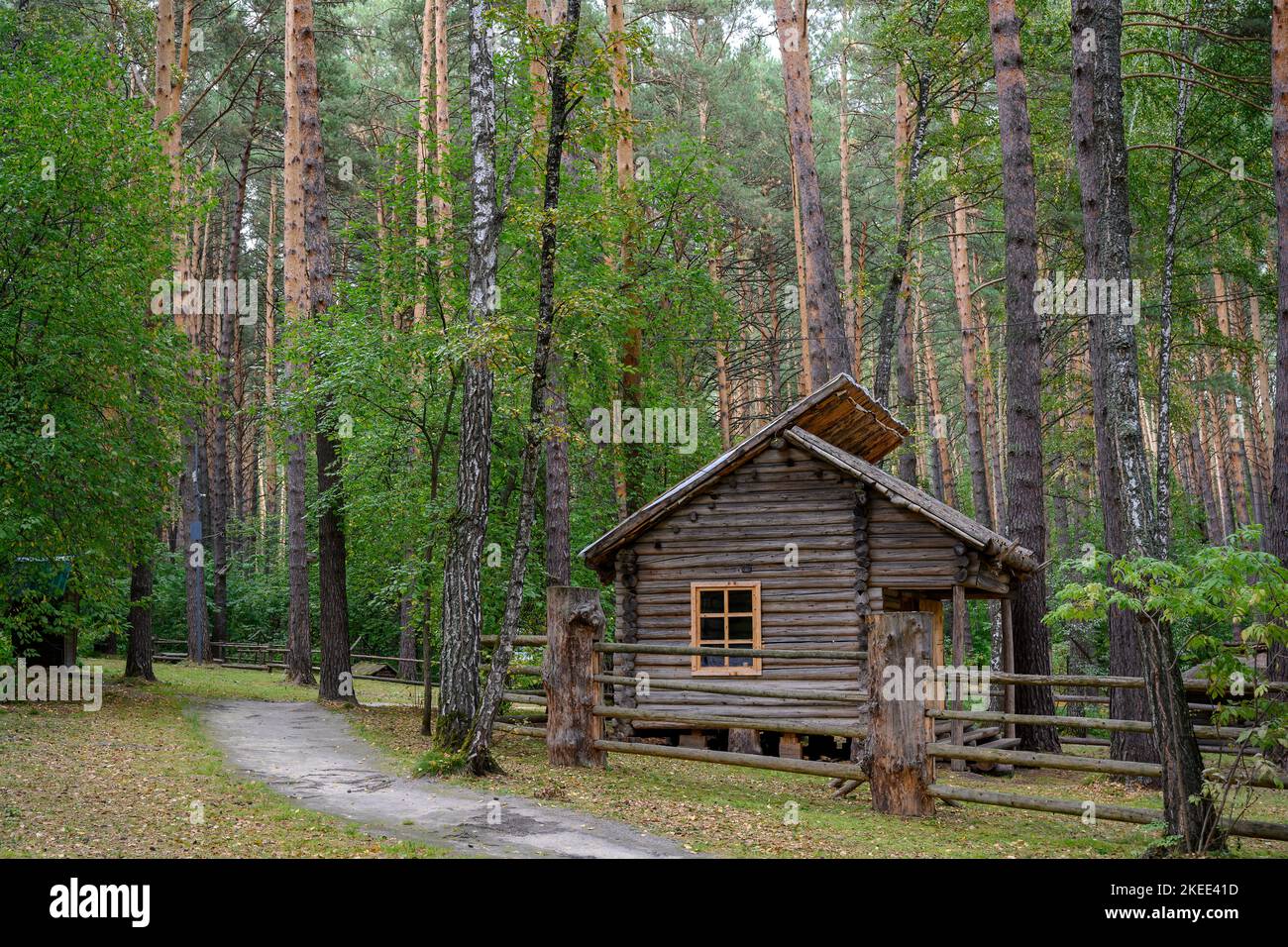 Traditional wooden hut of the 19th century of the Siberian Shortsev people in the forest Stock Photo