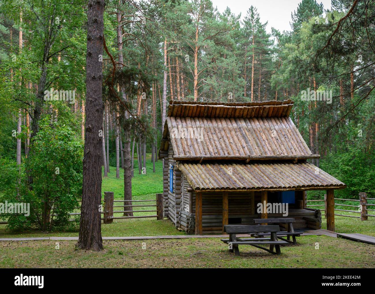 Traditional wooden hut of the 19th century of the Siberian Shor people in the forest Stock Photo