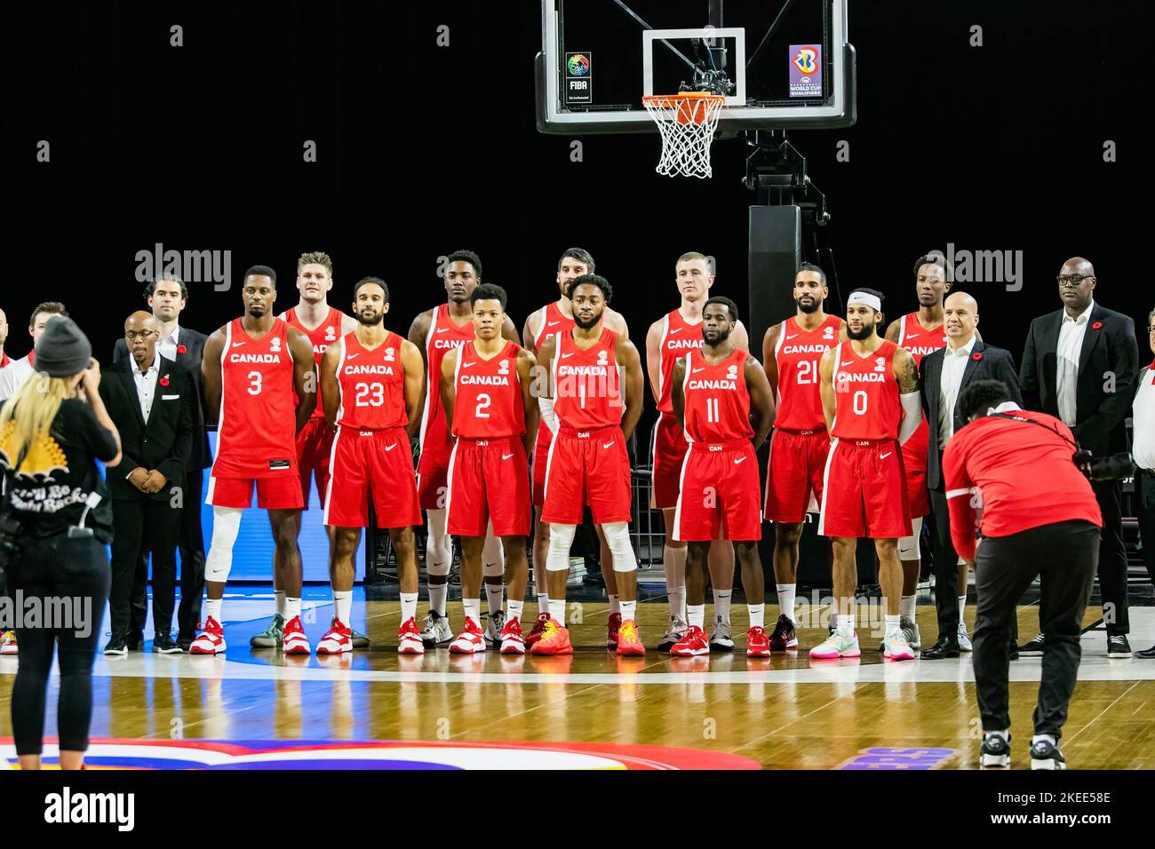 Edmonton, Canada. 10th Nov, 2022. The Canada team, (L to R, Front to Back)- Nate Mitchel (Coach)l, Melvin Ejim, Phil Scrubb, Trae Bell-Haynes, Aaron Best, Kenny Chery, Kassius Robertson, Nate Bjorkgren (Coach), Michael Meeks (Canada Basketball), Conor Morgan, Kalif Young, Owen Klassen, Thomas Kennedy, Thomas Scrubb, Jean-Victor Makuma.Canada defeats Venezuela 94-56 to qualify for the FIBA World Cup 2023. Canada Goose is now 9-0 in qualifying. (Photo by Ron Palmer/SOPA Images/Sipa USA) Credit: Sipa USA/Alamy Live News Stock Photo