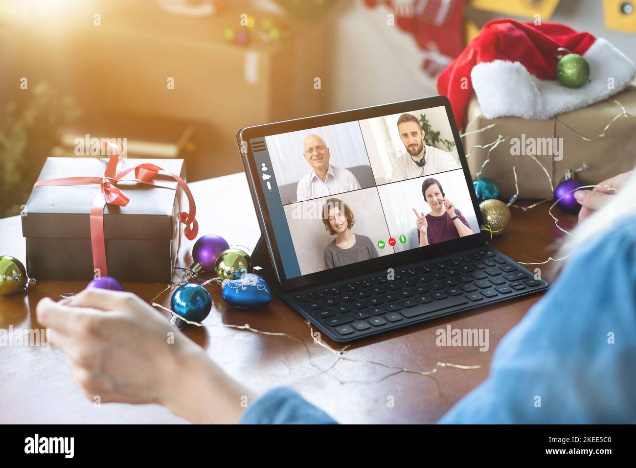 Virtual Christmas tree meeting team teleworking. Family video call