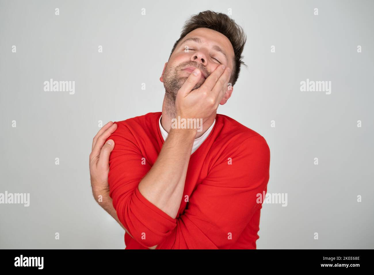 I am tired of everything. Bored man. Boring, dull, tedious concept.  Stock Photo