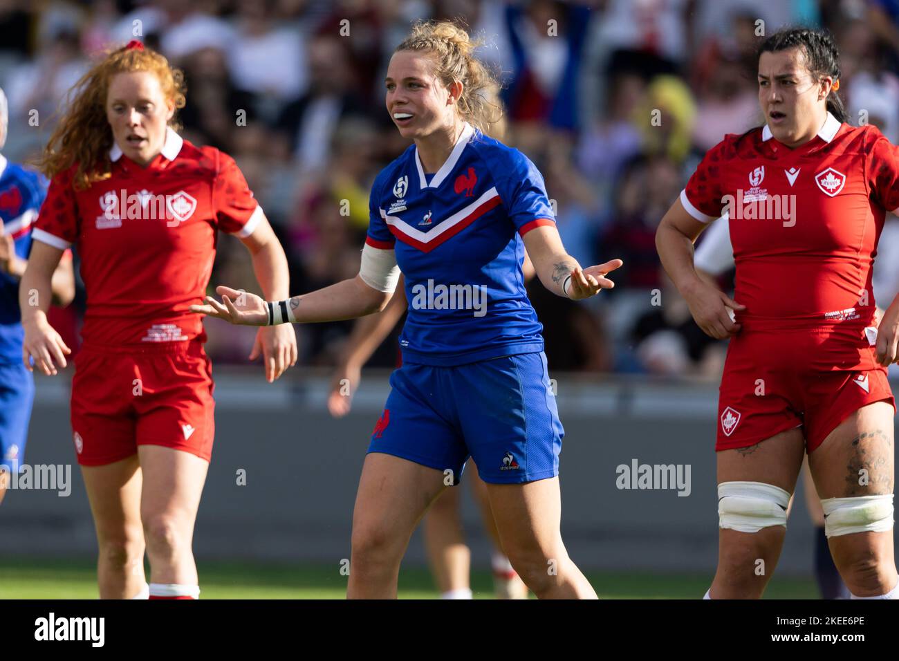 France's Marine Menager celebrates scoring a try during the Women's Rugby World Cup third place play-off match at Eden Park in Auckland, New Zealand. Picture date: Saturday November 12, 2022. Stock Photo