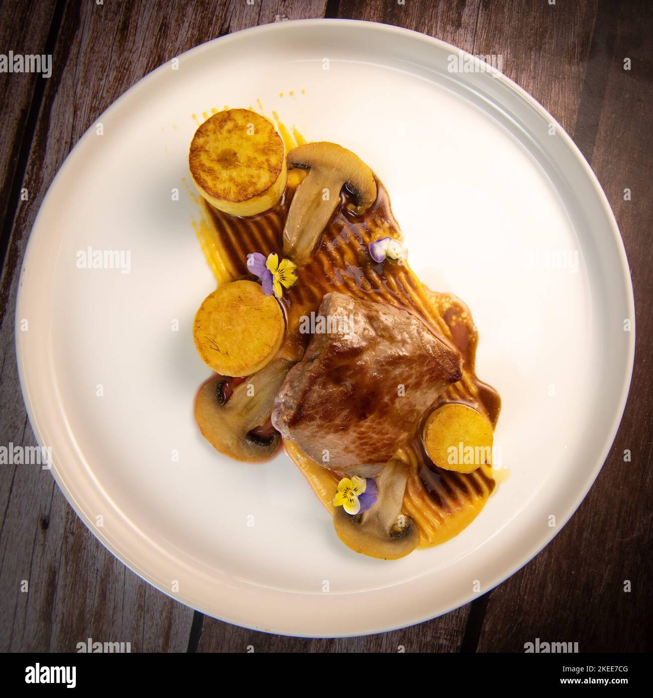 Recipe for veal, potato confit, mushroom, carrot puree, balsamic