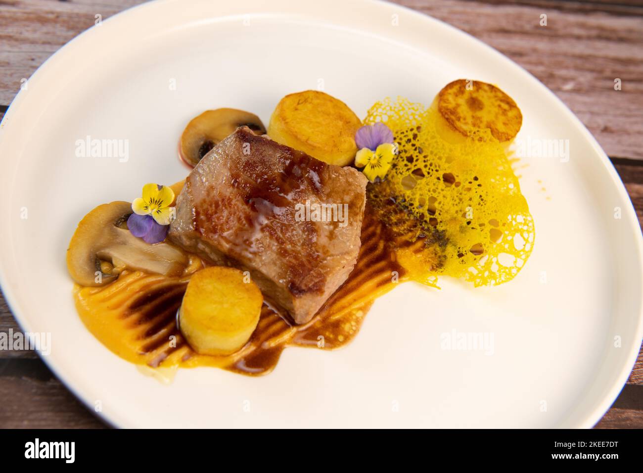 Recipe for veal, potato confit, mushroom, carrot puree, balsamic