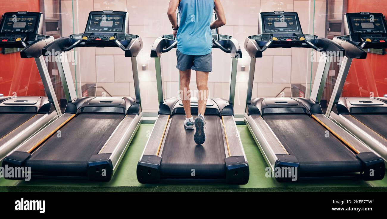 Running, fitness and exercise on treadmill in gym for healthcare