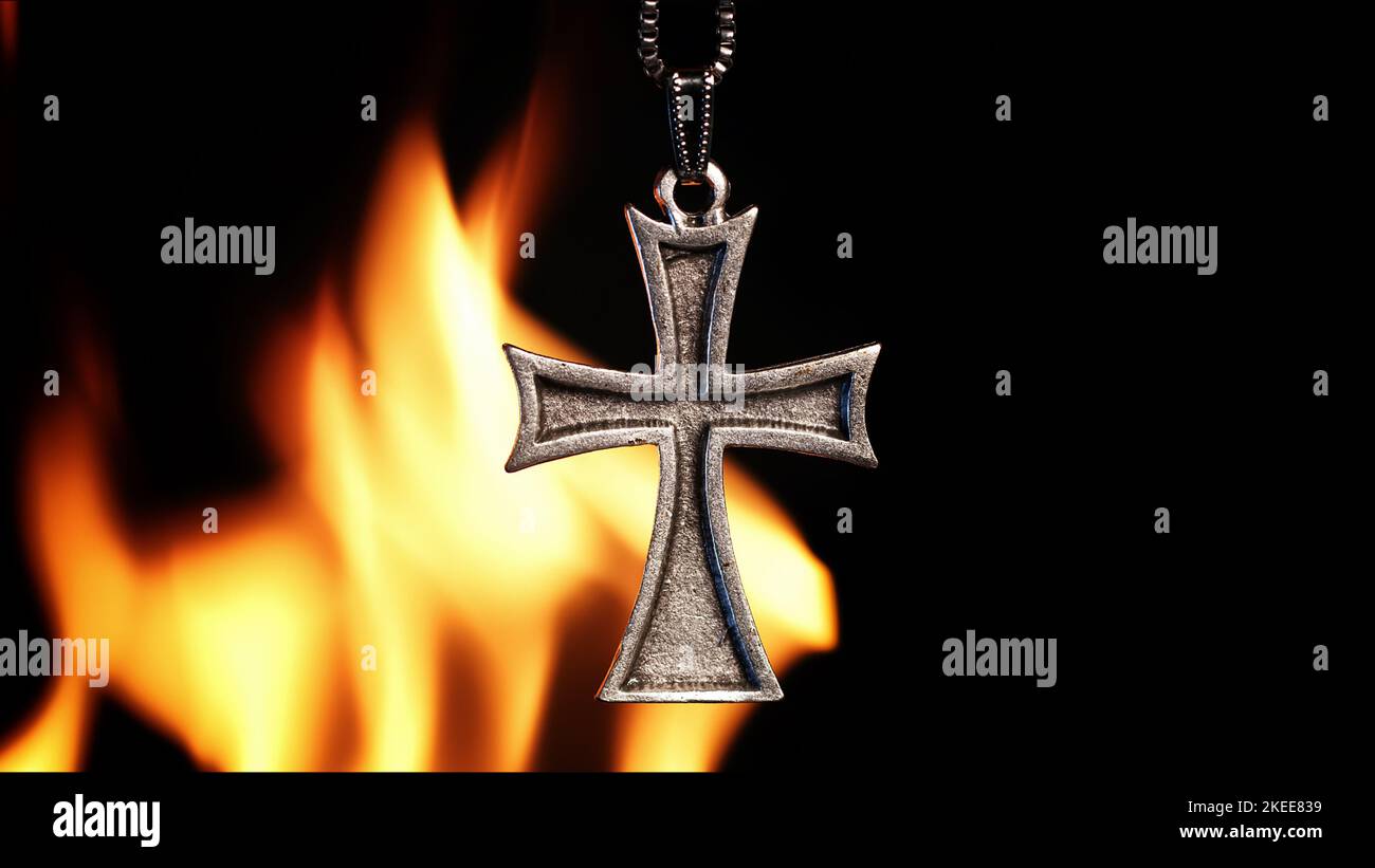 Christian Religion Symbol Cross on Fire Flames Stock Photo Alamy