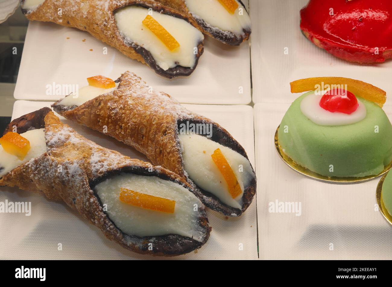 Sicilian cannoli typical pastries from Southern Italy made with ricotta Cheese Stock Photo