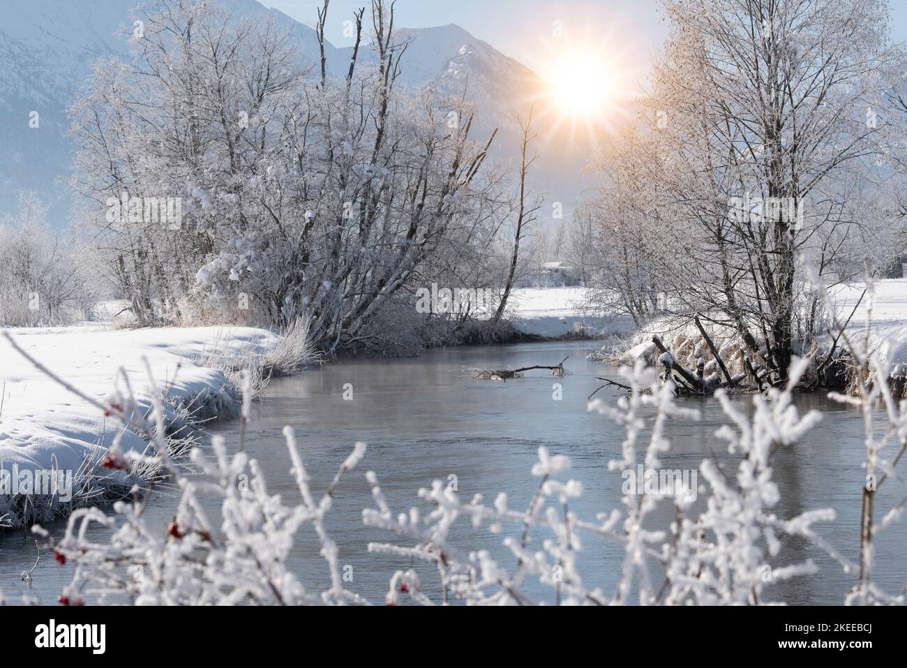 Frost und Eis an einem Fluss im Winter Stock Photo